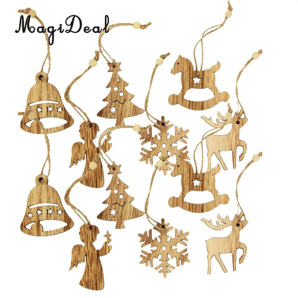 MagiDeal Vintage Style 12Pcs Assorted Wood Christmas Tree Hanging Decoration Xmas Ornament Gift Tag Embellishments Wedding Favor
