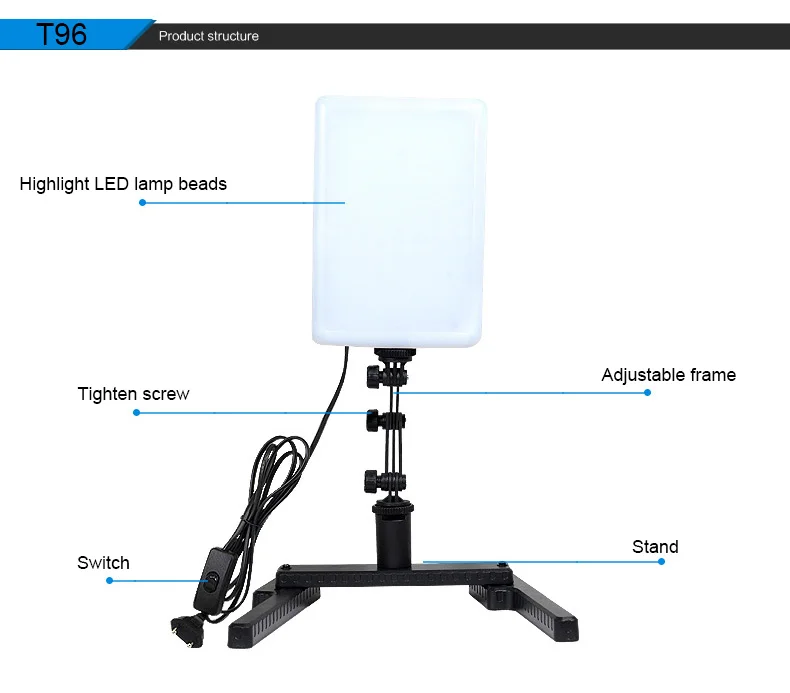 T96 светодио дный фотографический свет ультра тонкий 5600 К Ra95 видео свет лампы с регулируемым руку и кронштейн Подставка для Камера телефон
