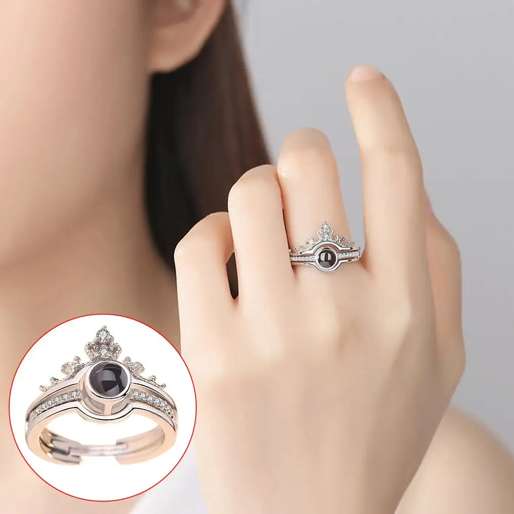 

2in1 I Love You 100 Languages Light Projection Lady Rhinestone Crown Finger Ring