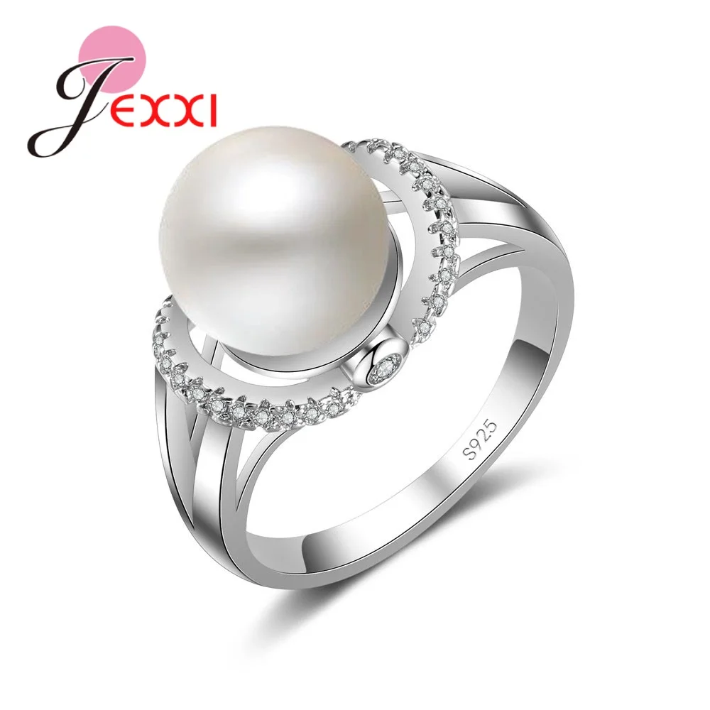 

JEXXI S90 Silver Ring With Pearl Shiny Micro Crystal Wedding Engagement Jewelry For Women Big Promotion Anel Anillo