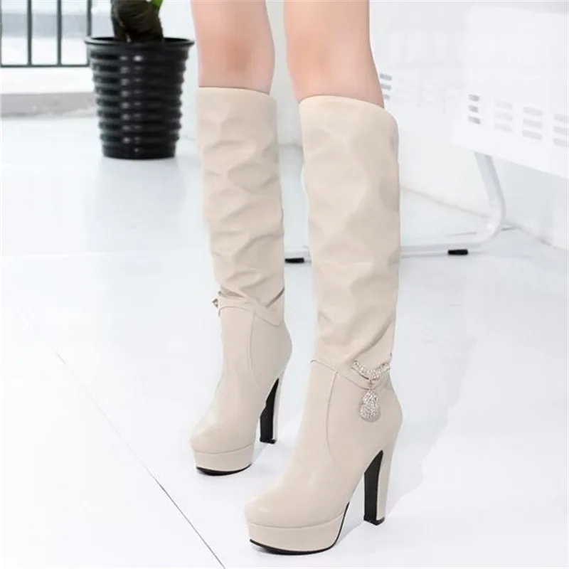 Promotion winter Minimalism High cylinder boots High-heeled Waterproof Korean Edition fashion white Women Boots plus size 34-43 - Цвет: 8plush