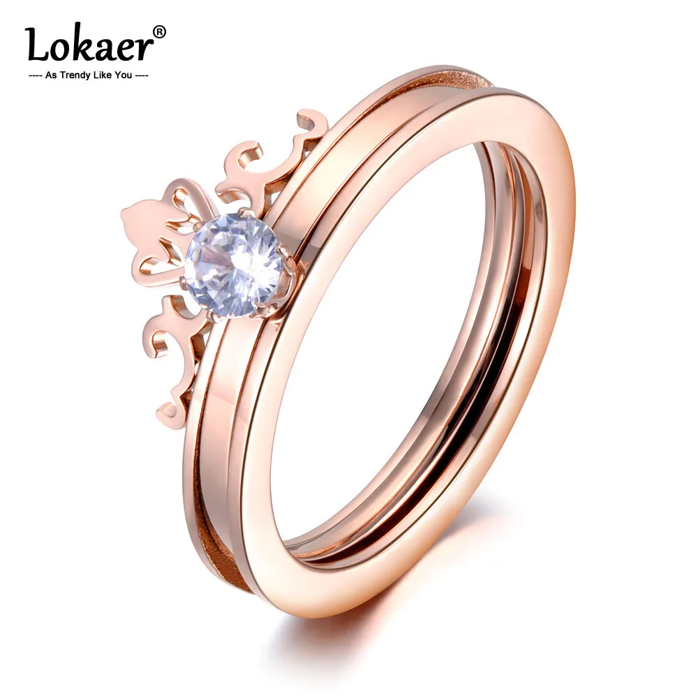

Lokaer 2 In 1 Cubic Zirconia Crown Ring Jewelry For Women Girl Rose Gold Stainless Steel Anniversary Wedding Ring Anneaux R19013