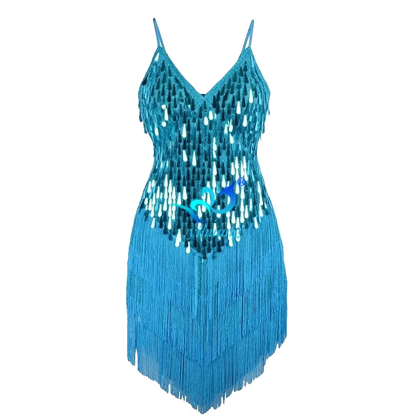 Женские сексуальные костюмы для латинских танцев 1920s Great Gatsby Flapper вечерние платья кисточки бахрома платья с блестками балетные танцевальные представления - Цвет: Light Blue