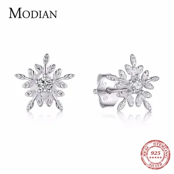 Modian Real 925 Sterling Silver White Snowflake Stud Earrings Clear Snow CZ Jewelry For Women Luxury Sterling Silver Earrings