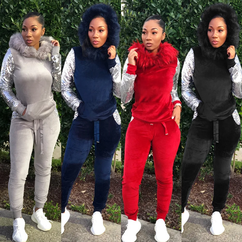 

Women Velvet Two Piece Set Faux Fur Hat Sequins Long Sleeve Pockets Hooded Sweatshirts Pants Tracksuit Club Outfits Plus Size XL