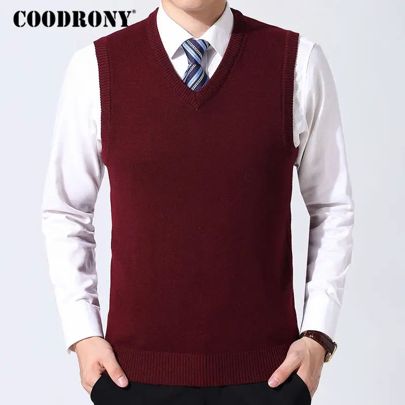 Skup COODRONY sweter mężczyźni odzież 2019 jesień ciepły kaszmir zimowy wełna Pull Homme klasyczny Casual V Neck bez rękawów kamizelka swetry 126