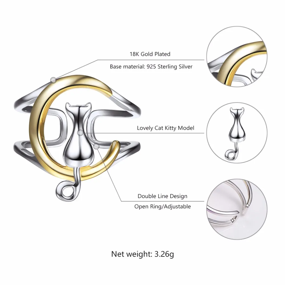 U7, 925 пробы, серебряные кольца, кошка, сидящая на Луне, женский подарок, кольцо на палец, регулируемое, животное, кошка, Стерлинговое серебро, ювелирные изделия SC08