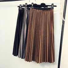 Миди однотонная плиссированная юбка Новинка до середины икры новинка осень зима корейский Ретро эластичный пояс бархатные женские юбки
