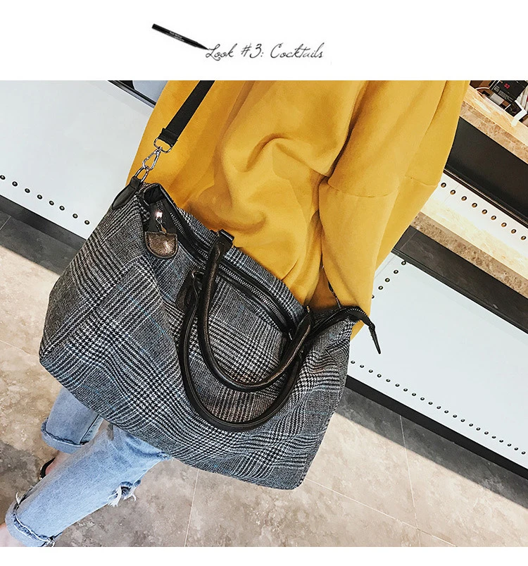 Short-distance Travel Bag Female Handbag Wool Large Capacity Waterproof Men Diagonal Fitness Bag Black Plaid Pattern Duffel Bag