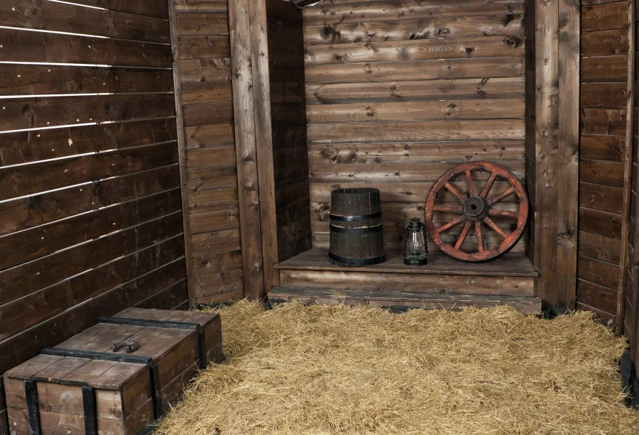 

Laeacco Old Wooden Wheel Warhouse Hay Jar Pet Child Portrait Photo Backdrops Photographic Backgrounds Photocall Photo Studio