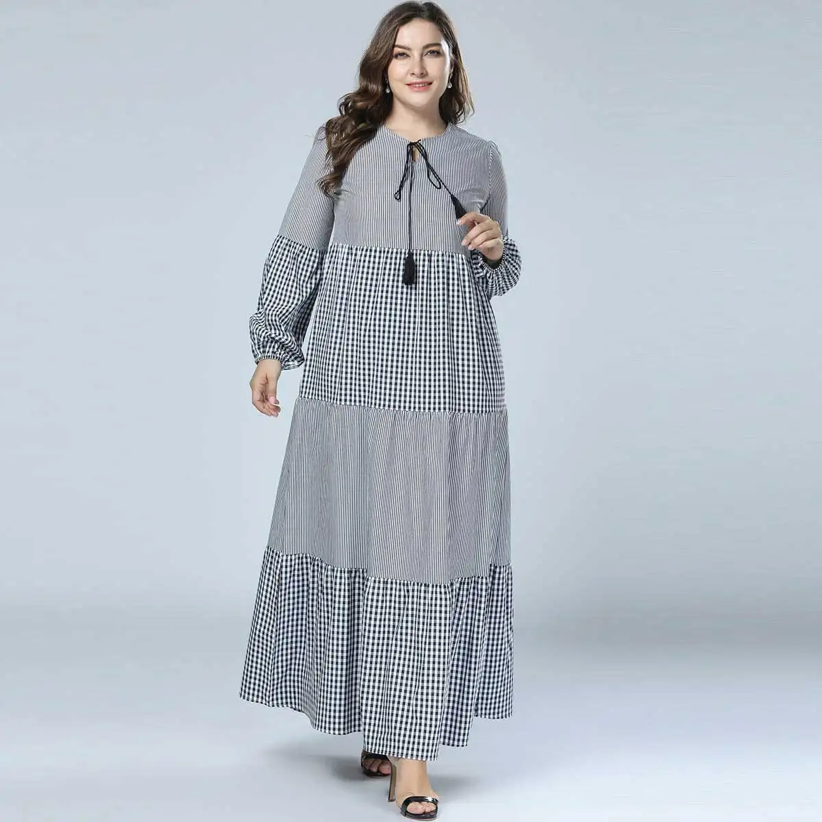 

2019 Plaid stripe patchwork Women oversized Dress Autumn Ladies Casual Maxi Dresses ruffles draped swing long Vestidos VKDR1422