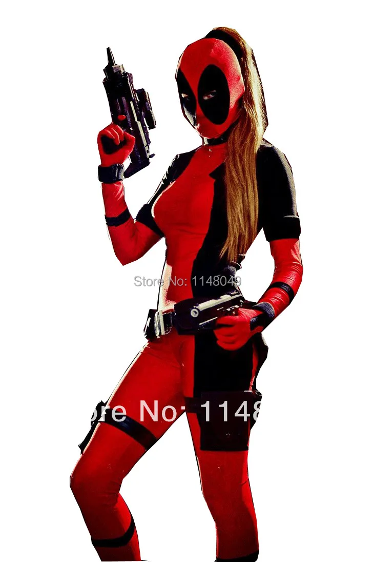 Halloween Mask Deadpool 2016 Freeshipping Lady Deadpool Spandex Bodysuit with Ponytail Hole Cosplay Halloween Costumes for Women