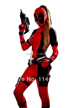 

Freeshipping Lady Deadpool Spandex Bodysuit with Ponytail Hole Cosplay Halloween Costumes for Women