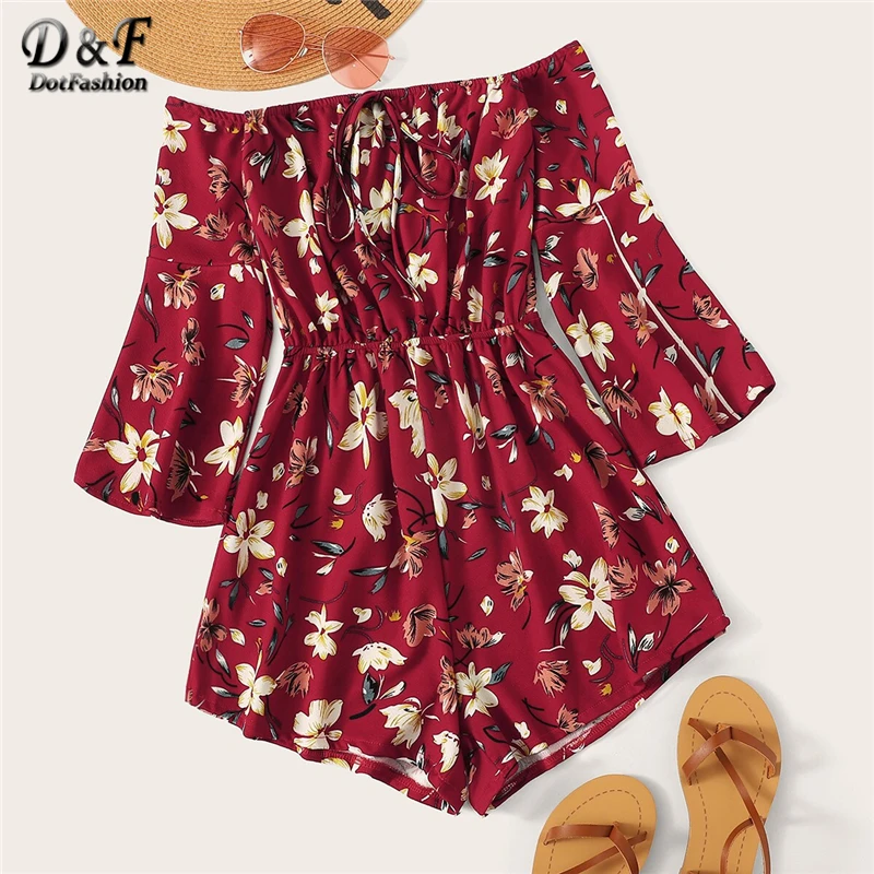 

Dotfashion Floral Print Tie Neck Off The Shoulder Playsuit Women 2019 Spring Summer Boho Flounce Sleeve Wide Leg Rompers