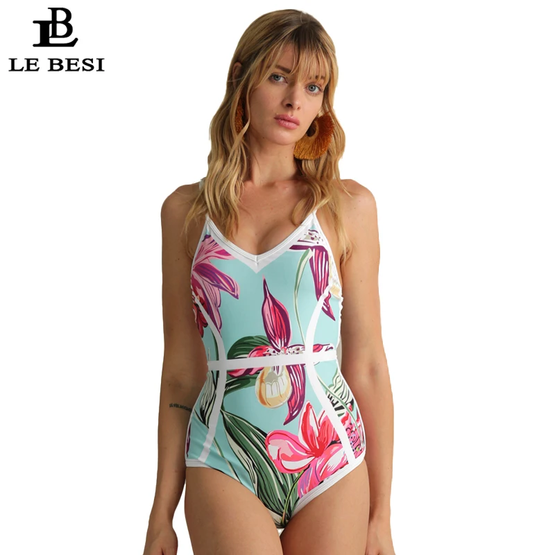 

LEBESI 2019 New Arrival Print Floral Swimsuit Fused Women One Piece Swimsuit Halter Top Beachwear Sexy Monokini