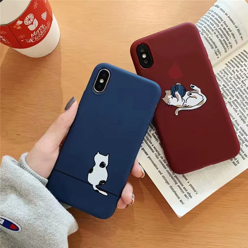 Милые животные для чехол iphone 6S 7 XR XS мультфильм озорной кот синий \ красный x accesorios 8