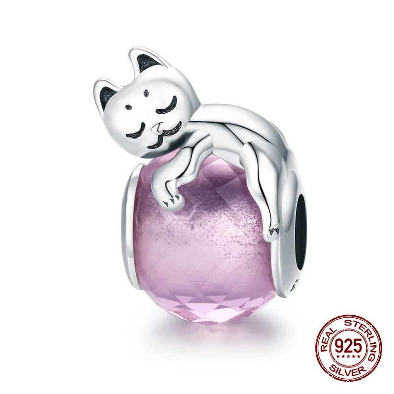 

Sleeping Cat 925 Sterling Silver Charms Beads fit Original Pandora Charm Bracelet Beads making for Women Jewelry