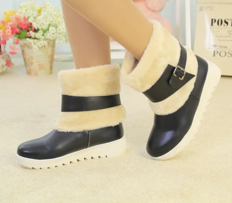 

Concise Buckle PU Mixed Colors Women Snow Boots Ankle Round Toe Solid Feather Warm Boots Med Wedges Rubber Sweet Winter Shoes