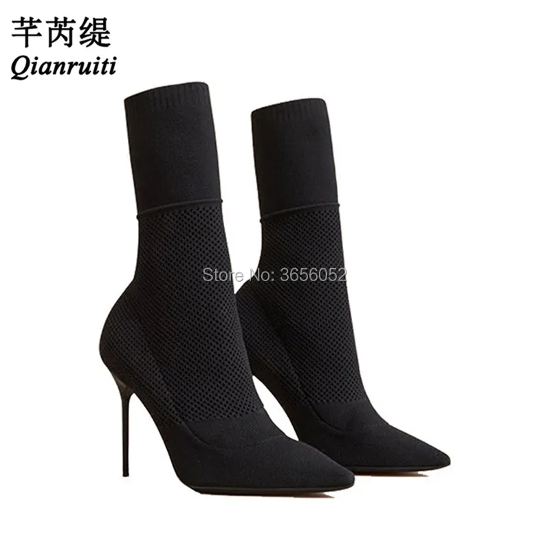 Hauts Cheville Talons Pointu Sur Stiletto Sexy Stretch Slip Femmes Bottes Qianruiti Noir Tricoté Black Chaussures Bout Chaussons Chaussette Femme Tissu BfUT4WwqAS