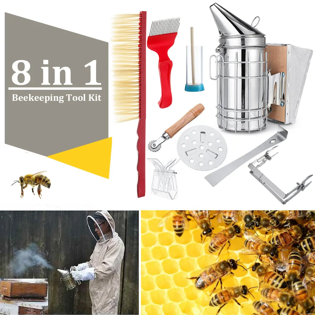 Из нержавеющей стали для пчеловодства пчелиный улей комплект для курильщика тепловой защиты скребка Оборудование Набор инструментов аксессуары 8 в 1