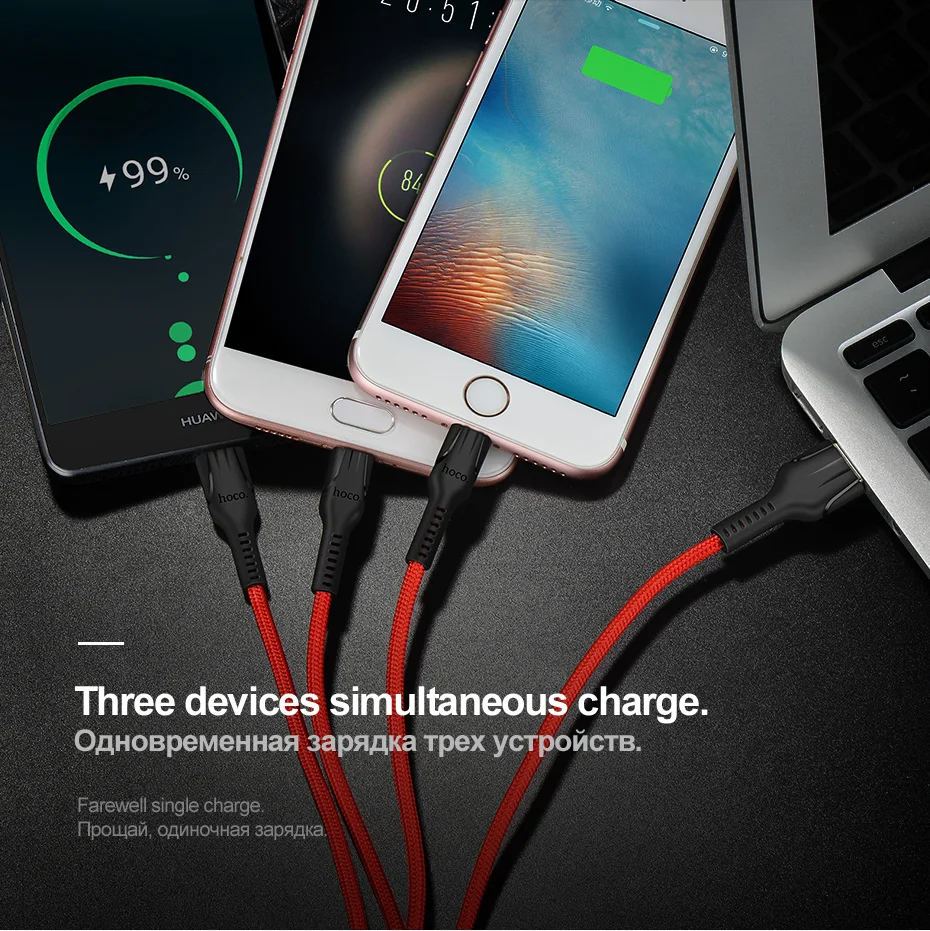 HOCO 3in1 USB Charger Cable For iPhone 11 Pro X 5 6 7 8 Android Micro USB Cable Type C For Samsung Xiaomi  Phone USB Data Cable