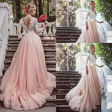 Бальное платье Свадебные платья Розовые Свадебные платья кружевной топ Тюлевая юбка v-образный вырез длинный рукав красочные свадебные vestido Novia