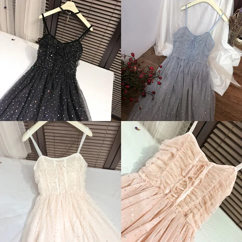 

4 colors Women Dress 2019 Summer stars sequined mesh shiny fairy dress women elegant bling pleated mini dresses womens (Q8028)