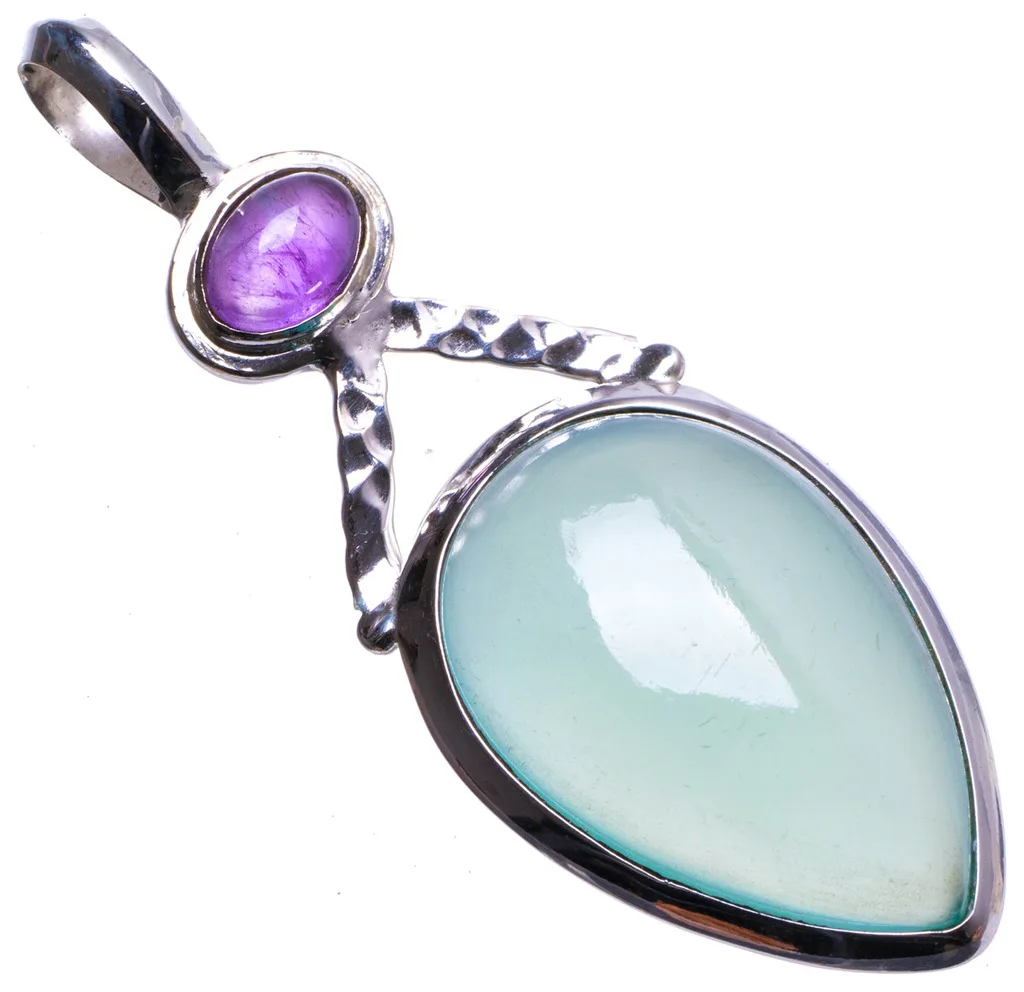 

Natural Chalcedony and Amethyst Handmade Unique 925 Sterling Silver Pendant 2" X1438