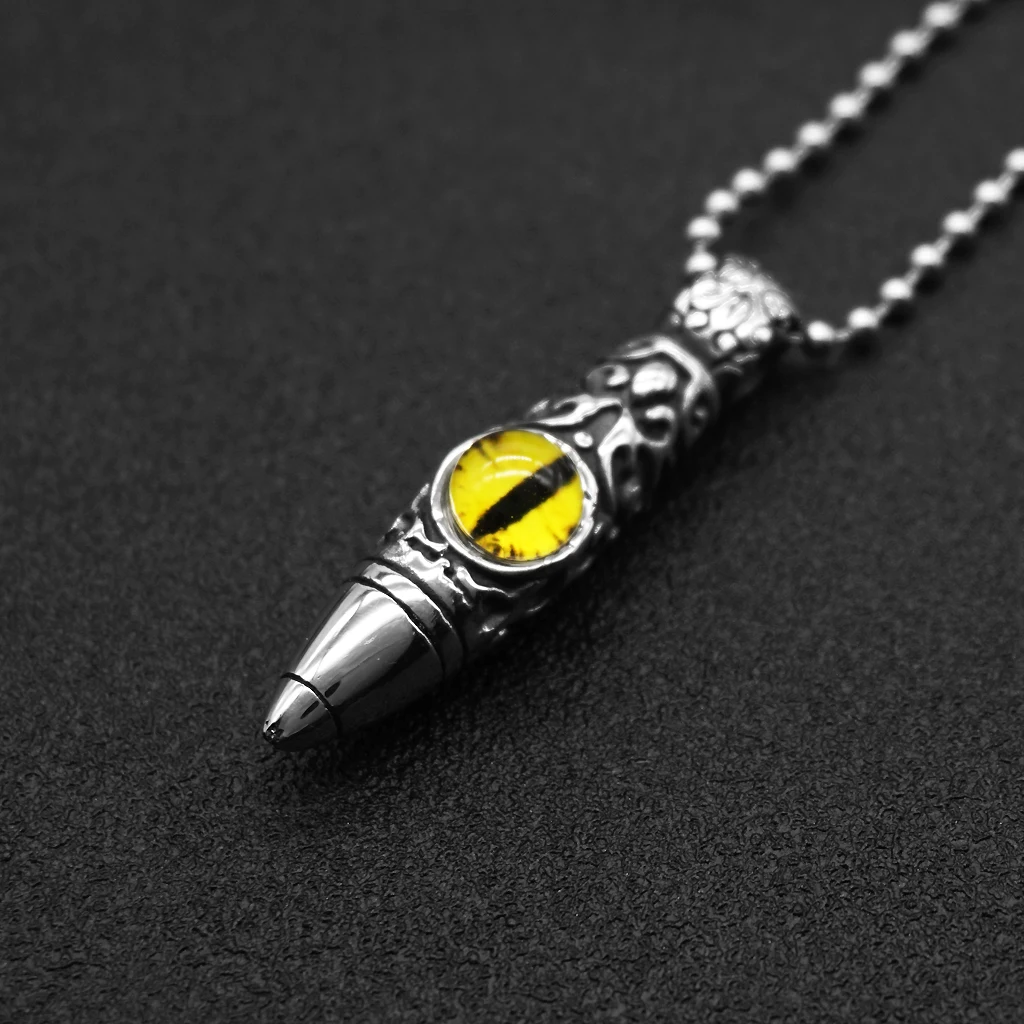 Vintage Stainless Steel Bullet Shape Evil Eye Pendant Ball Chain Necklace Fashion Punk Mens Jewelry
