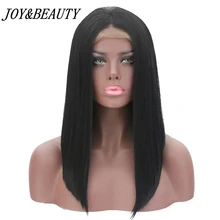 JOY& BEAUTY натуральный черный 1B#16 дюймов короткие прямые волосы средняя часть Высокая температура волокна синтетические парики на кружеве для черного