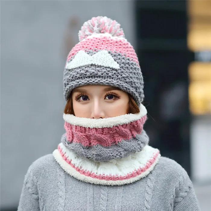 Pink hat scarf set Женская Вязаная Шерстяная Осенняя шапка зимняя шапка, шарф с воротником, женская вязаная утепленная шапка, Студенческая теплая шапка, вязанные шапки-бобы для девочек - Цвет: Pink hat scarf set