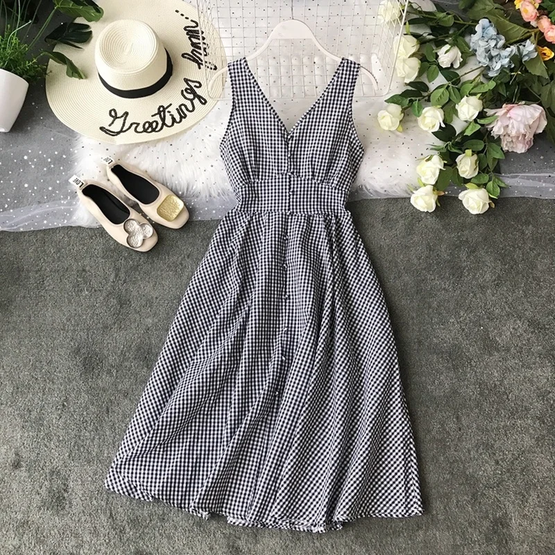 

Plaid A-line Long Dresses V-neck Vestidos De Fiesta Summer 2019 Women Dress Button Fashion Elegant Dresses