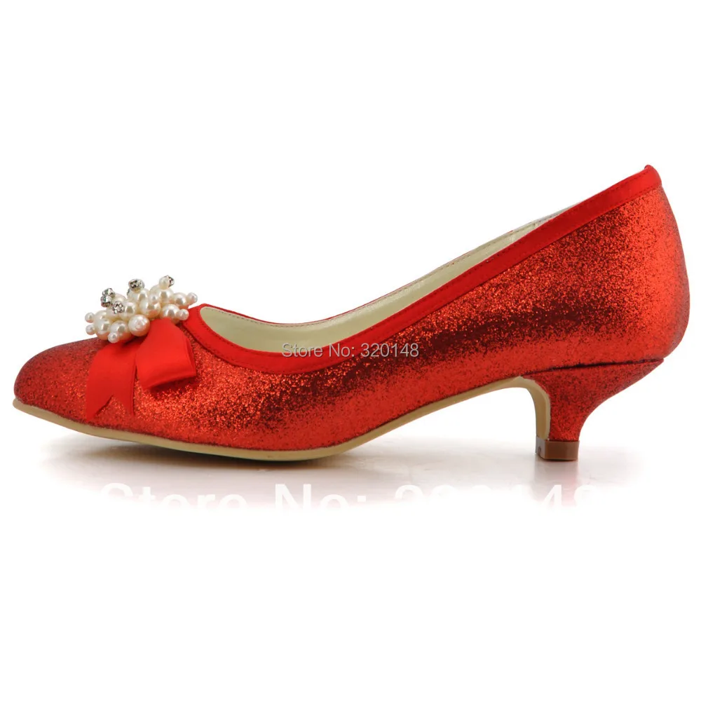 Женская обувь модные женские красные на низком каблуке S свадебные Насосы ep2101 круглый носок жемчуг со стразами и бантом на низком каблуке блестящие туфли для выпускного вечера