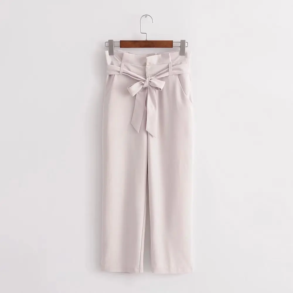 2018 Spring and Summer Belt High Waist Solid Color Casual Pants Ankle