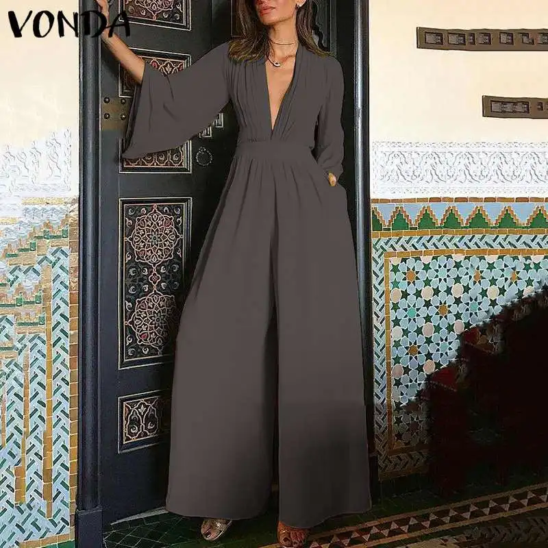 

2019 VONDA Romper Womens Jumpsuit Sexy V Neck Casual Playsuit Overalls Ladies Loose Wide Leg Loose Black Playsuit Plus Size 5XL