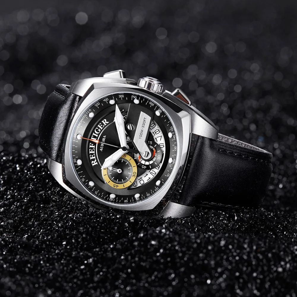 Мужские наручные часы Reef Tiger/RT модные квадратные спортивные со стальным кожаным