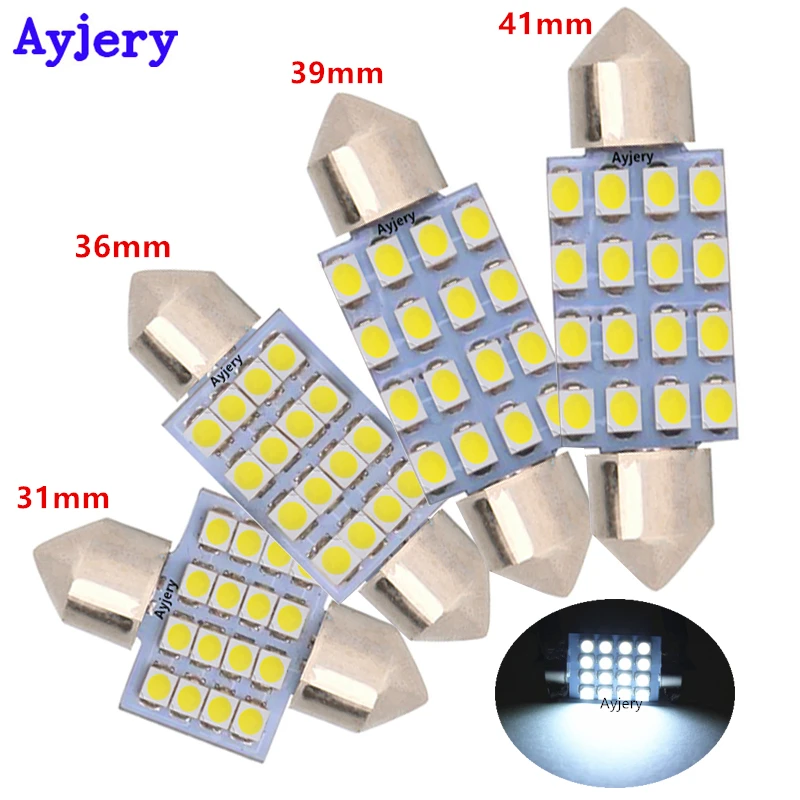 

AYJERY 200Pcs C5W 31mm/36mm/39mm/41mm White 3528 1210 16 SMD Festoon Dome LED Light Bulbs Interior Reading Lamps Mix Size DC 12V