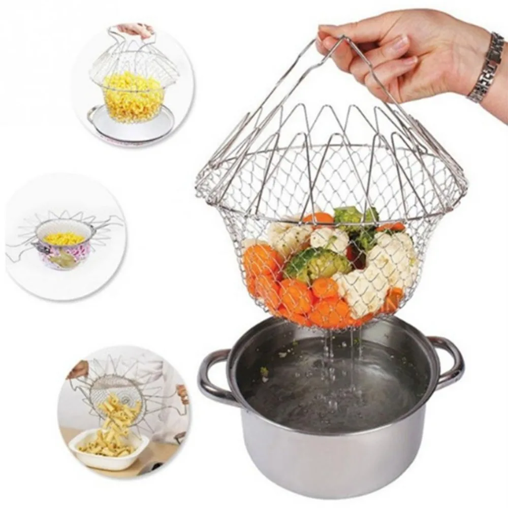 

Multifunction Stainless Steel Telescopic Folding Basket Chef Basket Fried Filter Drainage Rack Fruit Basket Kitchen Tools