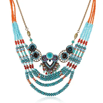 

Bohemian Vintage Big Maxi Statement Necklace For Women Ethnic Party Resin Stone Multi layer Beaded Choker Necklaces Jewelry