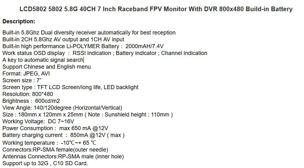 5,8G 40CH 7 дюймов FPV монитор 800x480 Встроенный аккумулятор видео экран и 600 мВт видео передатчик+ cmos 1000TVL камера для FPV