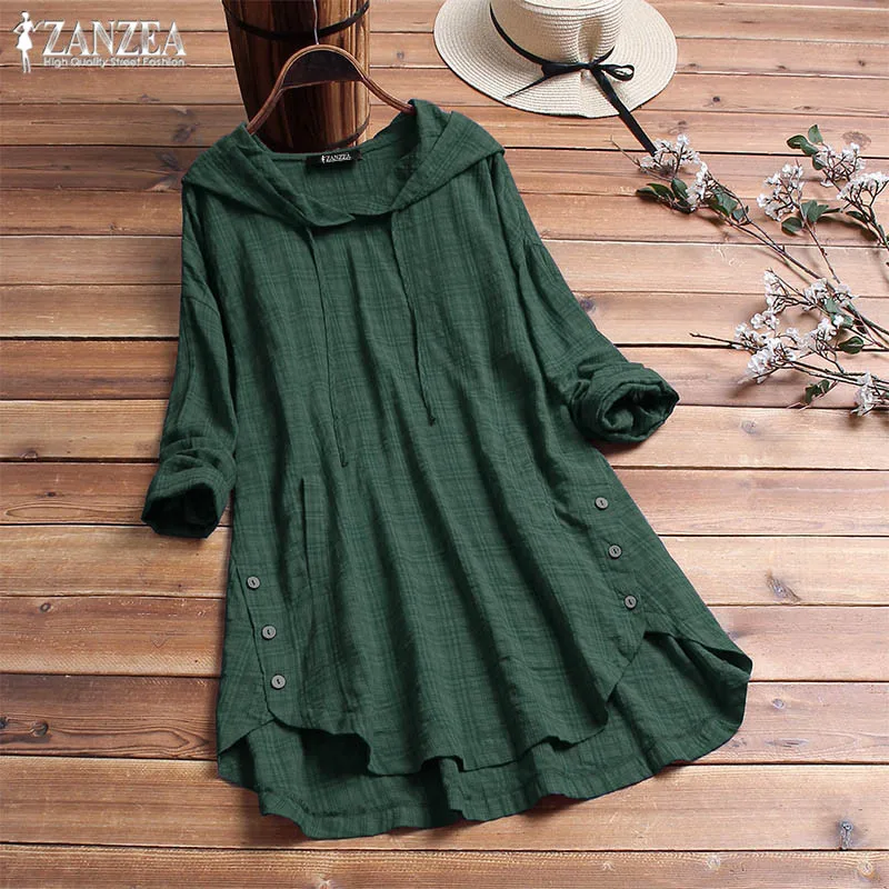 2019 ZANZEA Асимметричный Blusas Для женщин Проверьте блузка Стильная туника с капюшоном топы Повседневное клетчатая футболка рубашка женская с