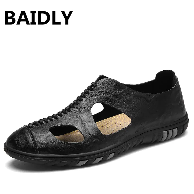 

BAIDLY Summer Mens Sandals Fashion Male Leather Sandals Luxury Men Genuine Leather Sandals Summer Beach Leather Shoes