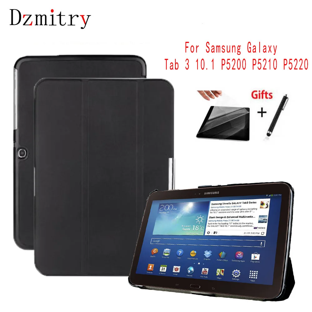

PU Leather Flip Stand Case For Samsung Galaxy Tab 3 10.1 GT-P5200 P5210 P5220 Tablet Auto Wake/Sleep Cover+Protective Film+Pen