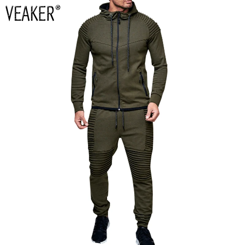 

2019 New Men's Autumn Hoodies Tracksuit Set Male Zipper Pleated Sweatshirt Sweatpants High Street Jackets Sets M-3XL