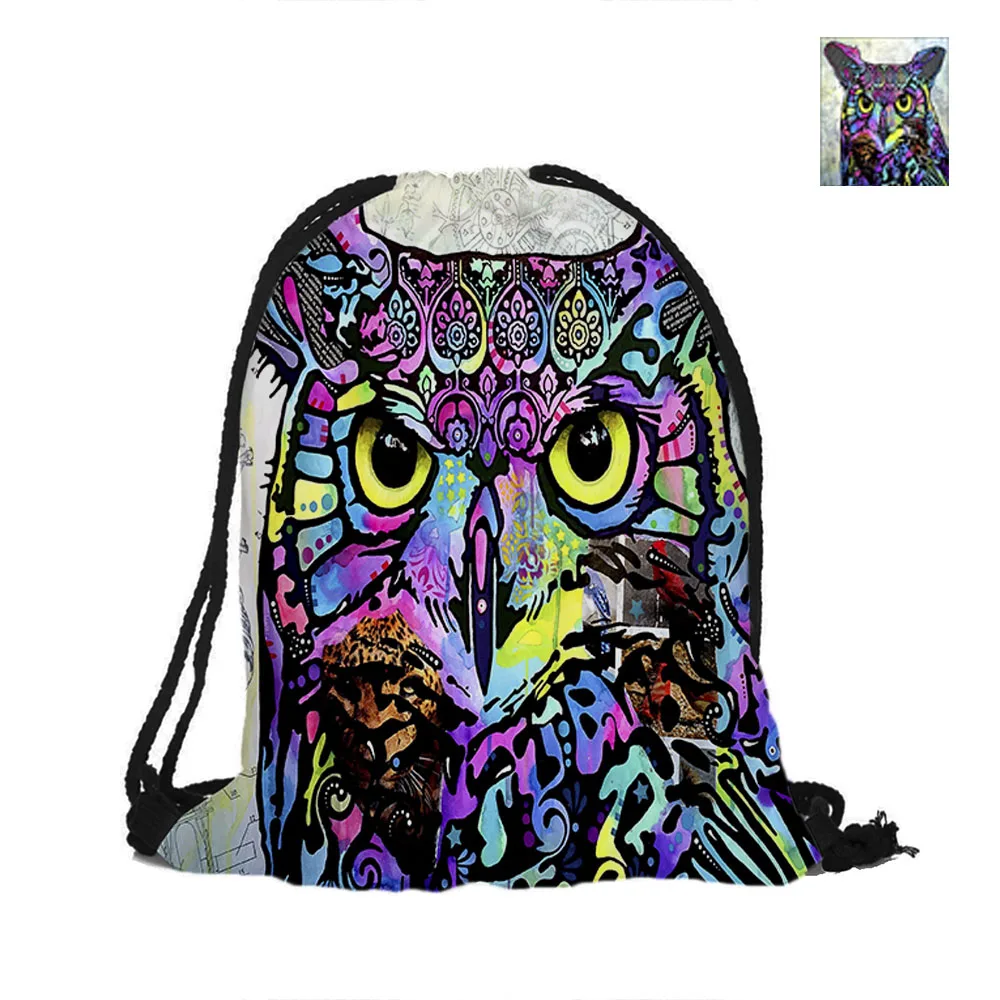 

Owl Printing Drawstring Backpack For Beach School Shopping Fashion Polyester Bags Women Men Pouch Backpacks Shoulder Bag