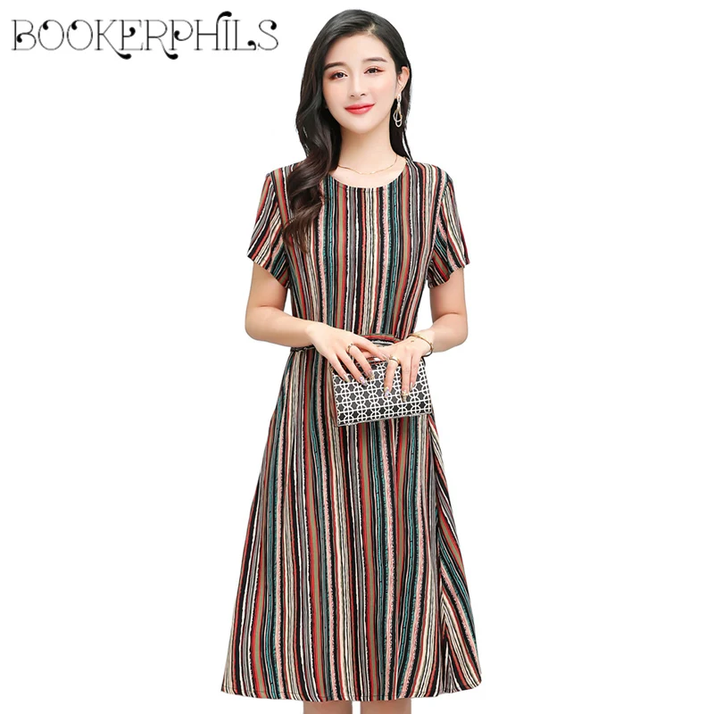 

2019 Summer Dress Women Short Sleeve Long Summer Printed Dress Female O-Neck Mid-Calf Casual Dress With Belt Plus Size 6XL