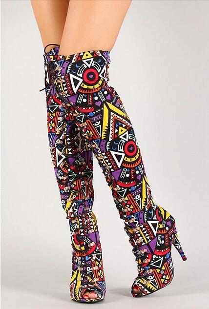 

New Arrivals 2016 Elegant Multicolor Tribal Lace Up Peep Toe Thigh High Boot High Heel Gladiator Sandals Boots Women Size 34-41