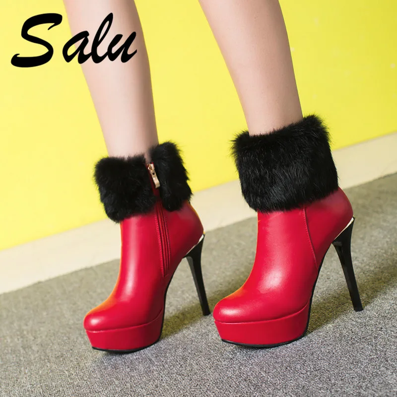

Salu Plus Size 34-43 High Heels Boots Women Zipper Round Toe Fur Boots Female Studded Platform Shoes Woman Winter