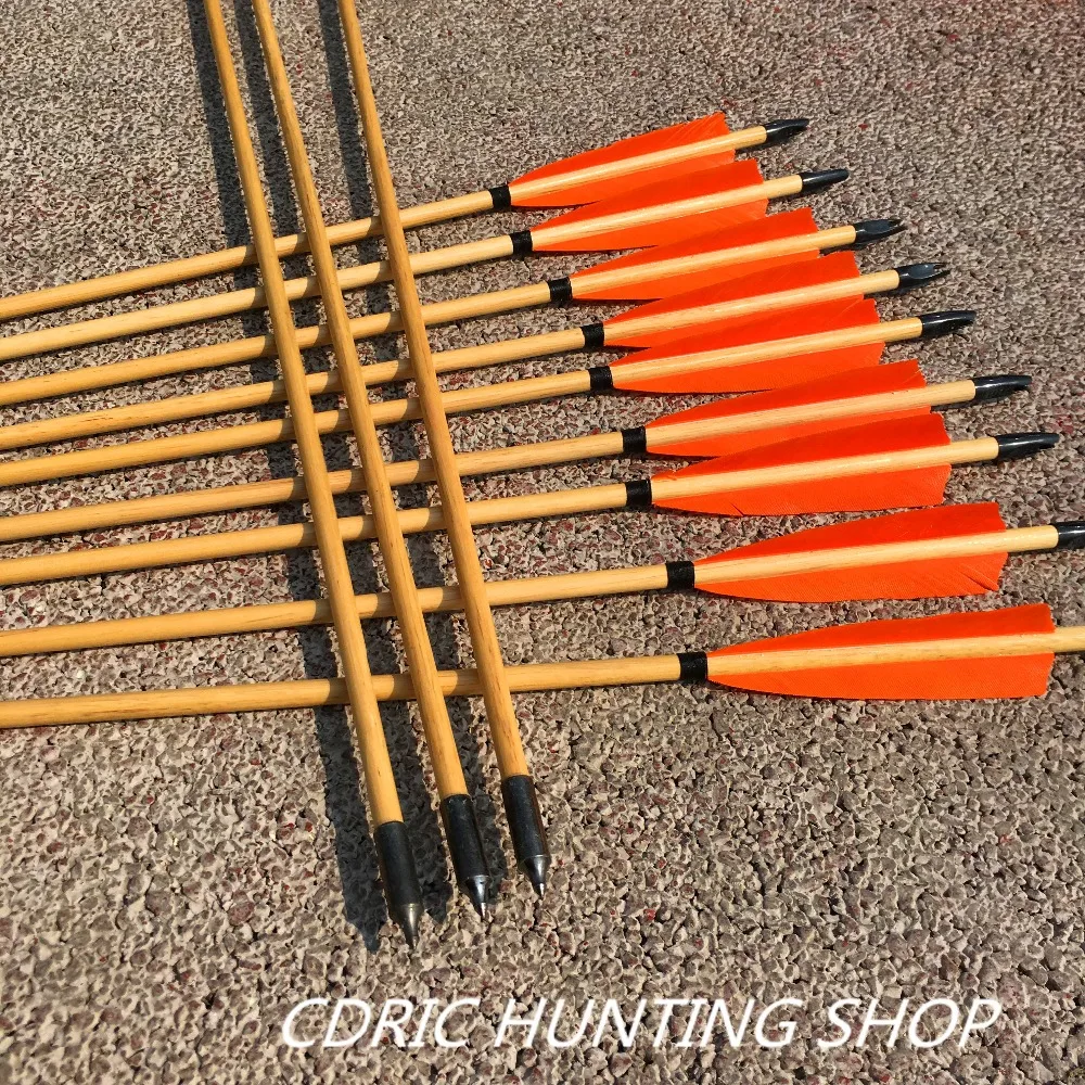 

12PK Handmade Archery TRADITIONAL Wooden Arrows Orang Turkey Feather For Longbow