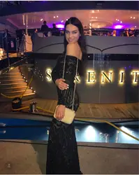 Черный блестками Длинные платья для выпускного вечера Лодка шеи с плеча Саудовская Арабский Дубай вечернее платье вечерние платья